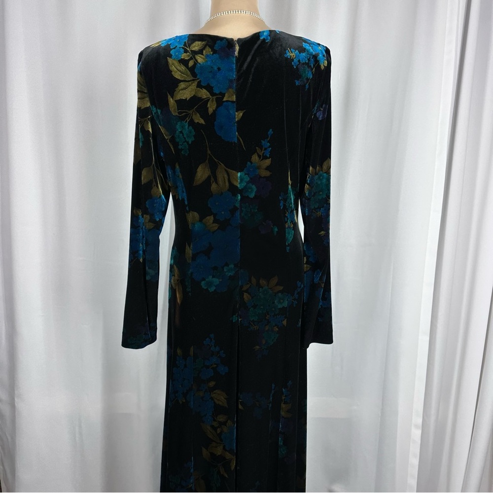 Vtg ✨GORGEOUS ✨David Warren NY Velvet Floral Maxi Dress Size 14 Long Sleeve SOFT - Picture 4 of 14